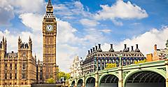 View of Big Ben over Westminster Bridge on a sunny day. United Kingdom.