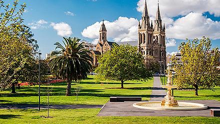 View of St. Peter's Cathedral from the Pennington Gardens in Adelaide, Australia. 