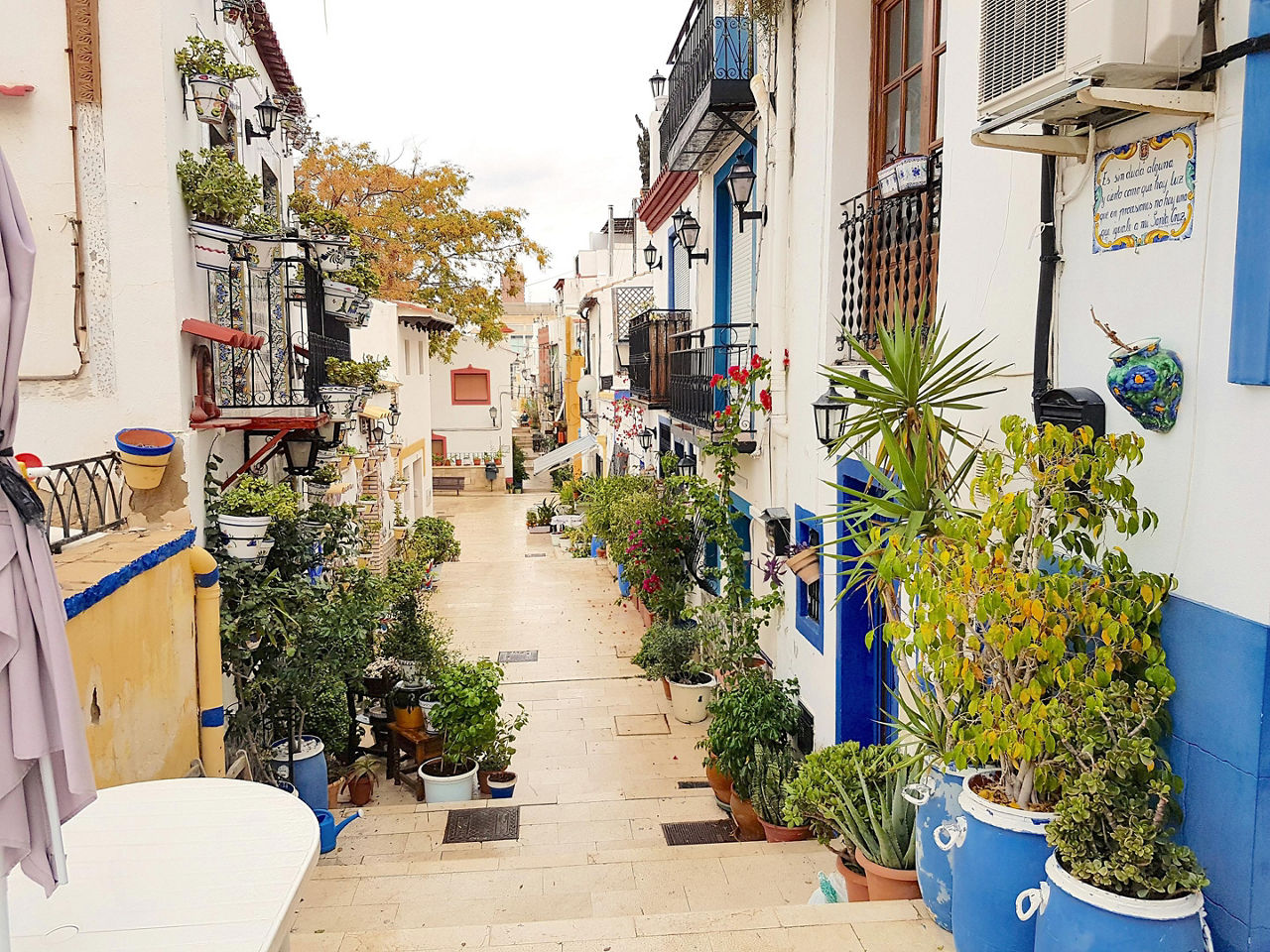 A narrow street between homes in Alicante, Spain