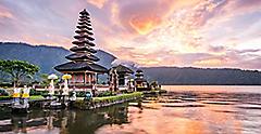 Famous Hindu temple and tourist attraction on Bratan lake. Bali, Indonesia.