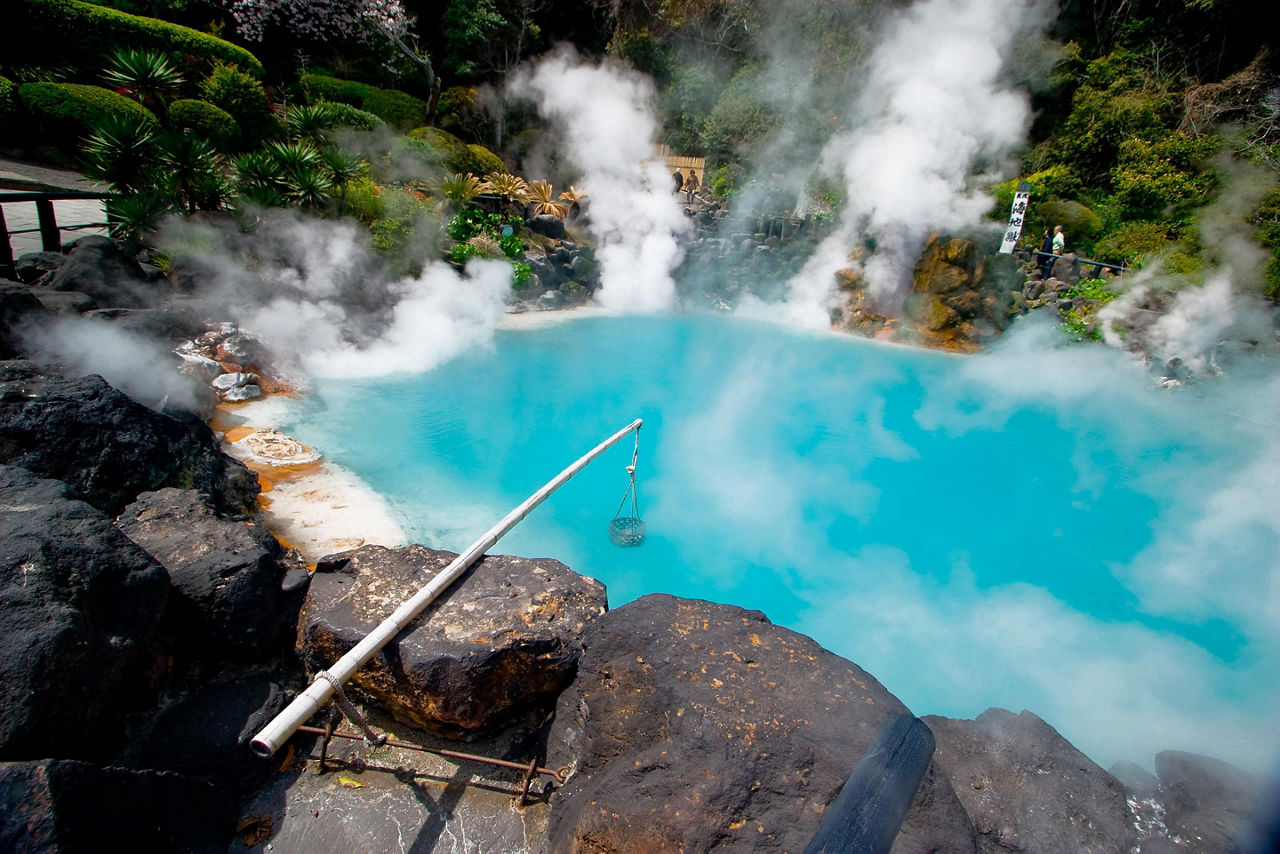 Umi Jigoku (Sea Hell) is one of the tourist attractions featuring a pond of boiling blue water