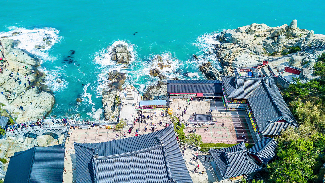 Aerial view of the Haedong Yonggunga Temple on Cliff