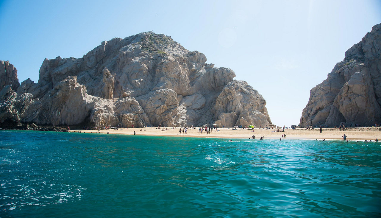 View of Lovers beach in Cabo San Lucas, Mexico from the sea
