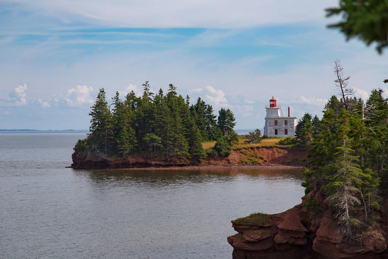 A red and white lighthouse on the coast of Prince Edward Island 