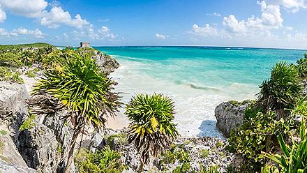 Panoramic view of the God of Wind Temple Ruins in Tulum close to Cozumel, Mexico