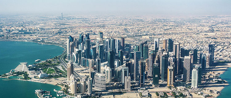 Aerial view of the densely packed skyscrapers in Doha, Qatar
