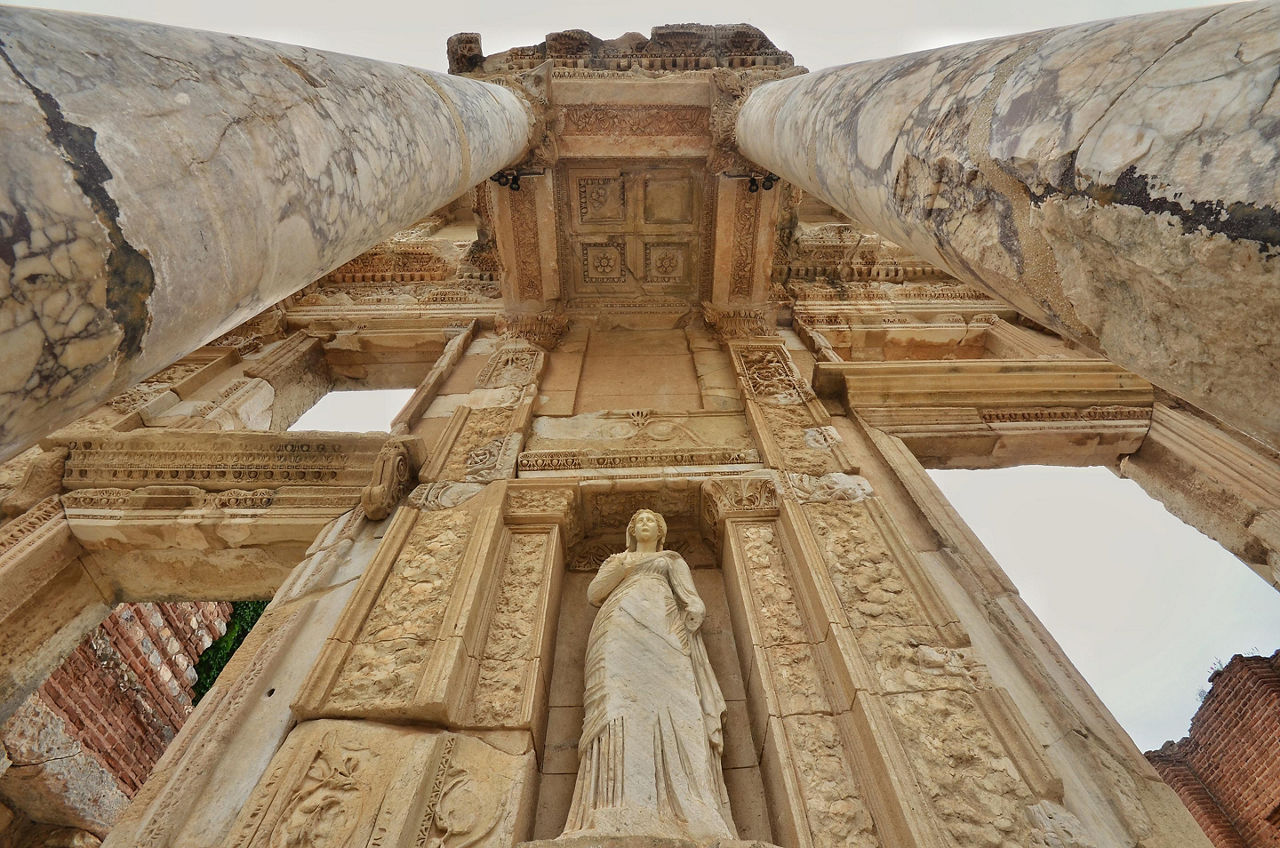 Close up view of the Celsus Library pillars in Ephesus, Turkey