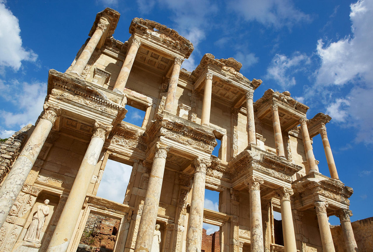 A close up view of the Library of Celsus in Ephesus, Turkey