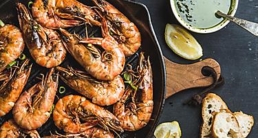 A plater of roasted tiger prawns