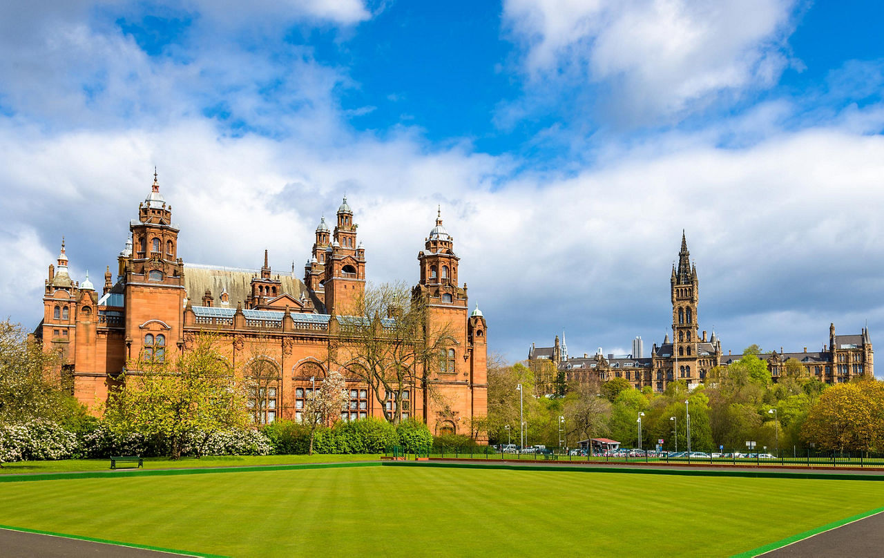 View of Kelvingrove Museum and Glasgow University in Glasgow, Scotland