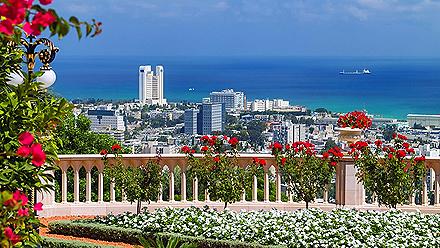 Panoramic view of Haifa, Israel from the Bahai Temple Garden