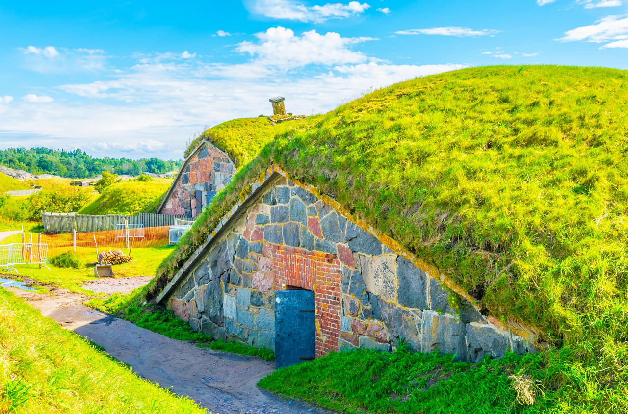A grass covered building in Suomenlinna Fortress in Helsinki, Finland