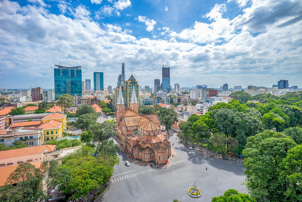 Aerial view of Notre-Dame Cathedral Basilica of Saigon in Ho Chi Min, Vietnam
