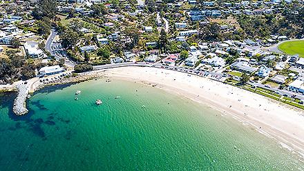 An aerial view of a Kingston Beach in Hoard, Tasmania, Australia