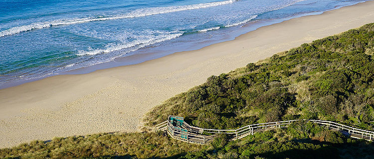 View of the beach landscape with a trail leading directly to the beach in Hobart, Tasmania