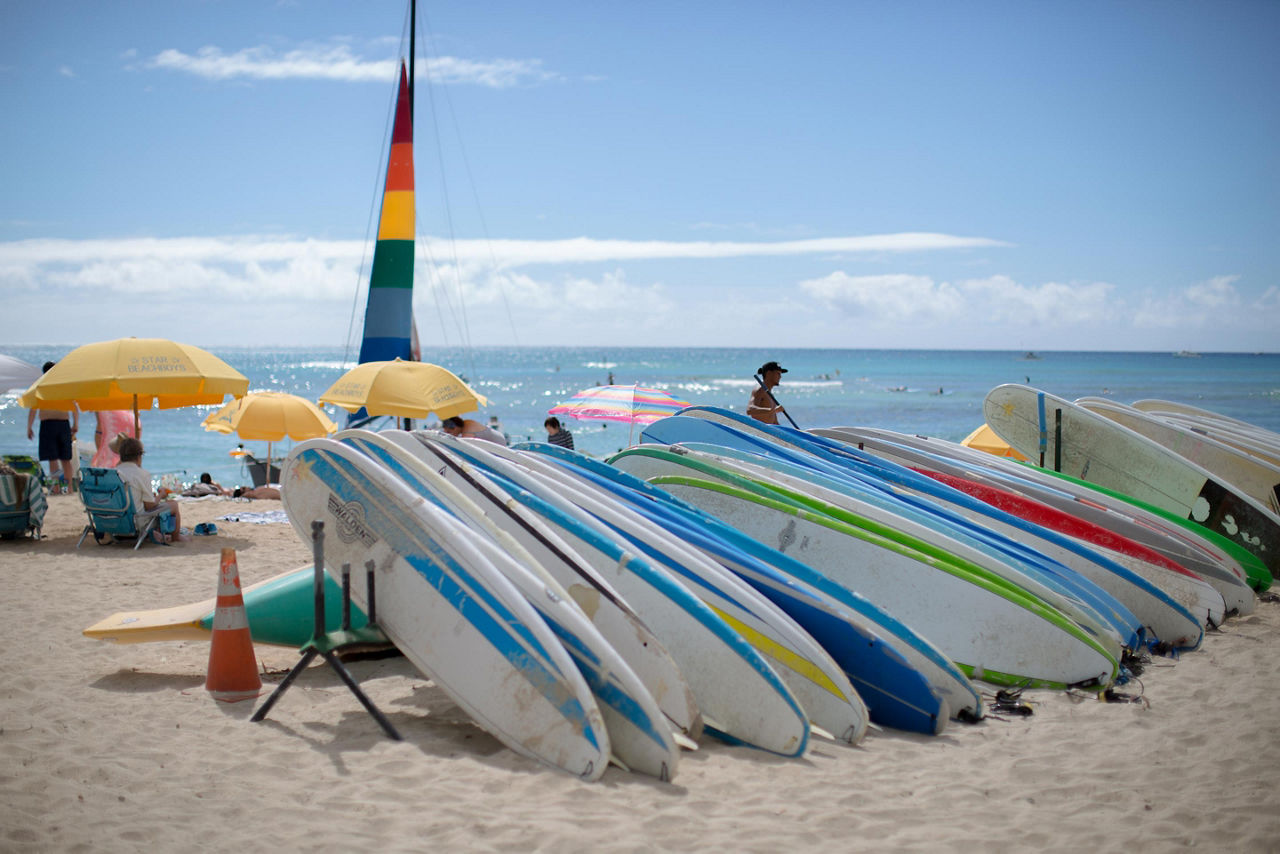 Various surfboards on Waikiki Beach
