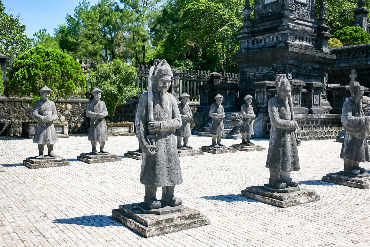 Statues of warriors in Imperial Khai Dinh Tomb in Hue, Vietnam