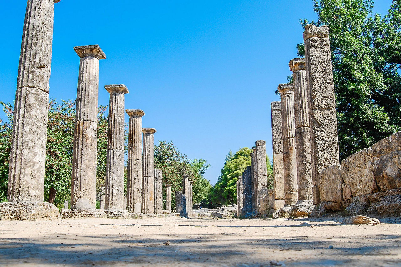 An ancient street in Olympia with columns on both sides