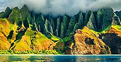 Kauai, Hawaii Green Mountainside Clouds