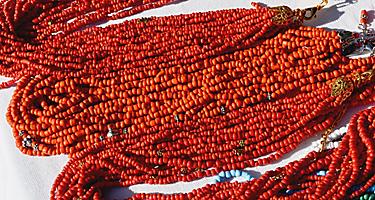 Various necklaces made out of red coral is typical jewelry of Kochi, Japan