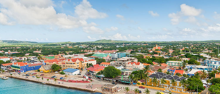 Aerial view of the shoreside architecture in Kralendijk, Bonaire
