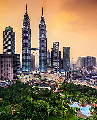 The skyline of Kuala Lumpur in Malaysia during a golden sunset