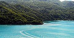 Aerial view of the mountainous coast a private island vacation destination. Labadee.