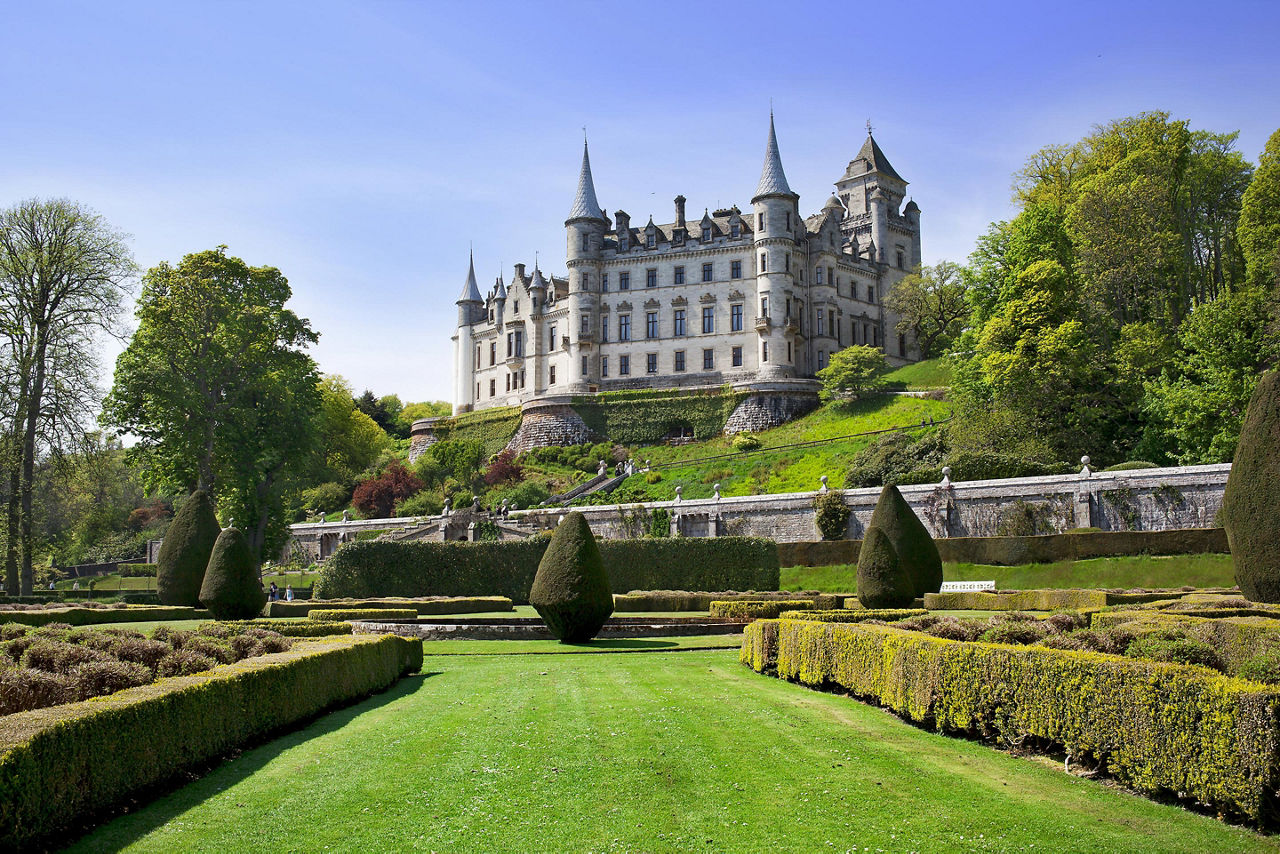 View of Dunrobin Castle from a garden
