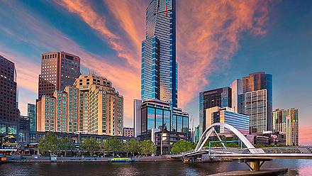 View of the cityscape during sunset with pink clouds in Melbourne, Australia