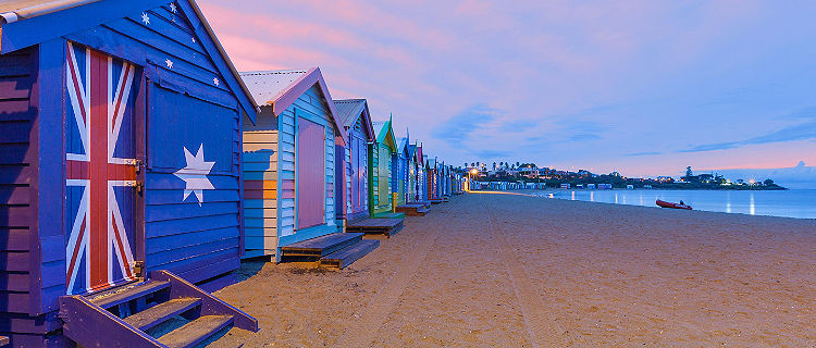 Colorful painted bathing houses along Brighton beach in Melbourne, Australia