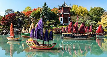 The Montreal Botanical Garden, with Asian boats on a pond, in Montreal Quebec