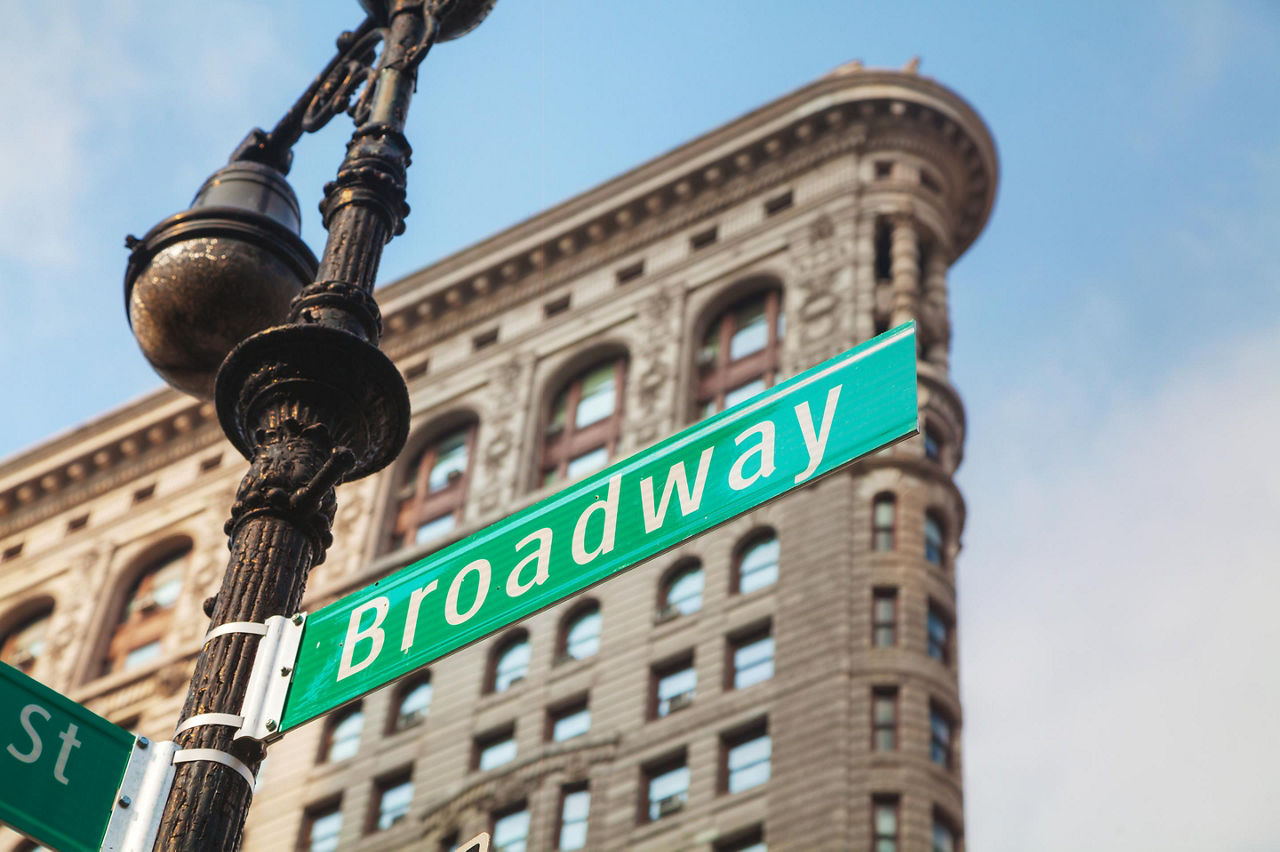 A street sign for Broadway in New York, New York