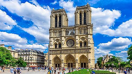 View of the front of the Notre Dame de Paris cathedral in Paris, France