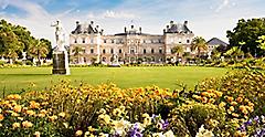 Jardin du Luxembourg with the Palace and flowers in Paris. Europe.