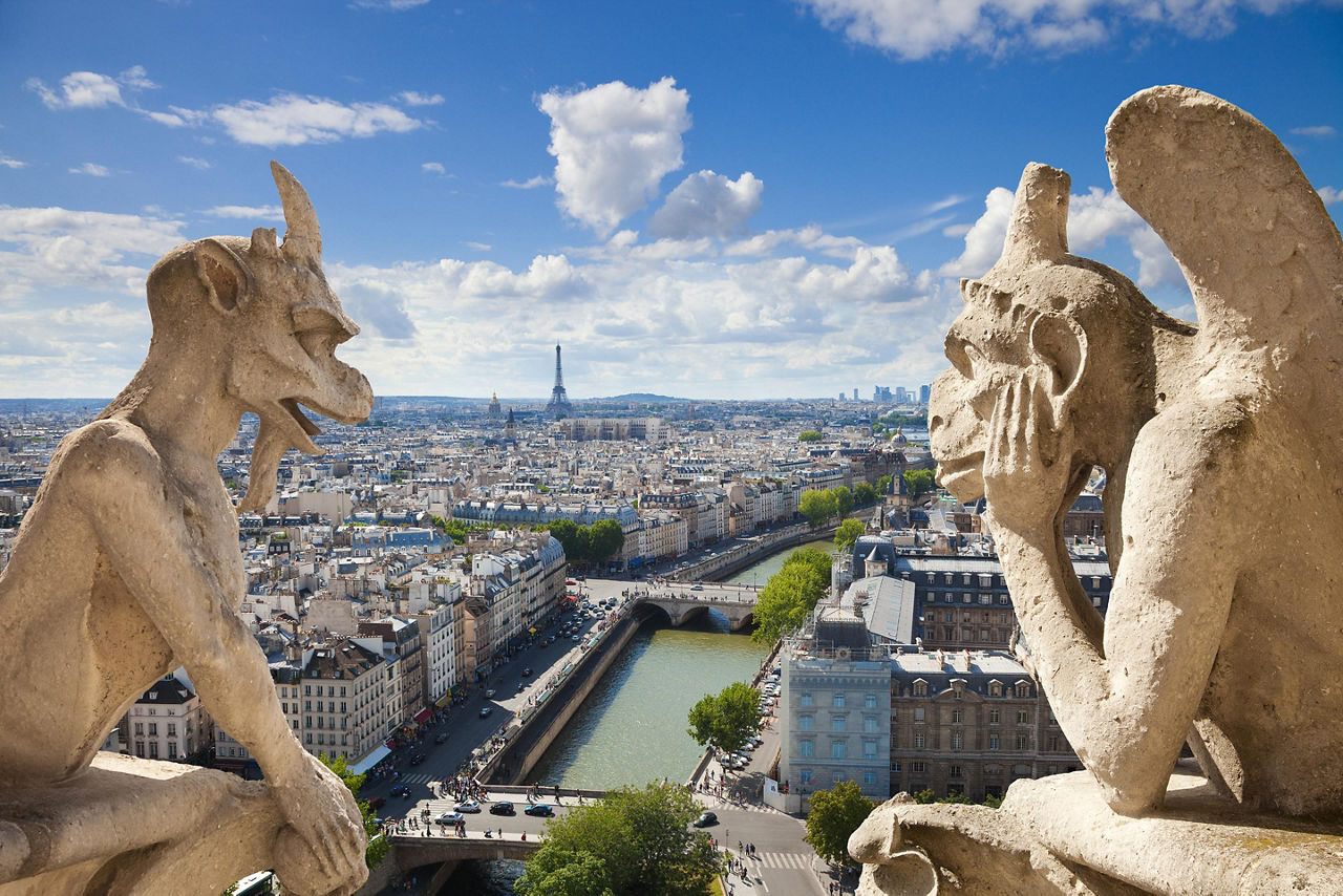 Famous gargoyles overlooking the city of the Paris, France