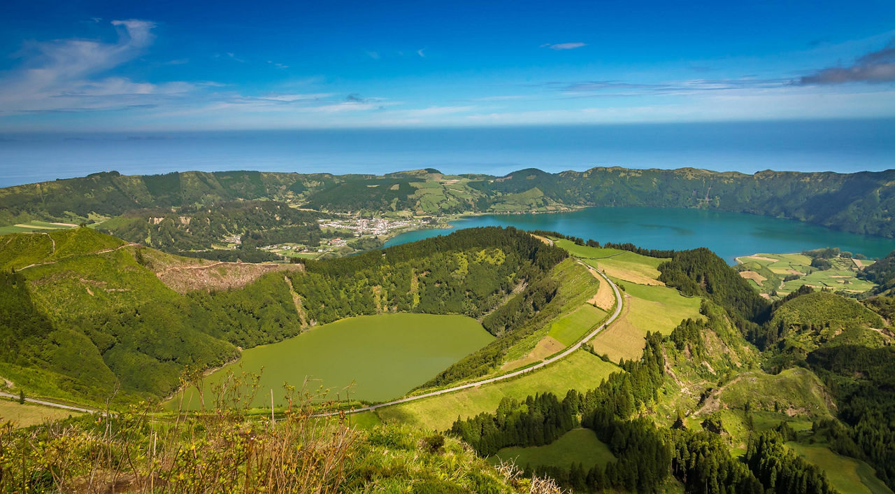 Panoramic view of Sete Cidades Lagos in Ponta Delgada, Azores