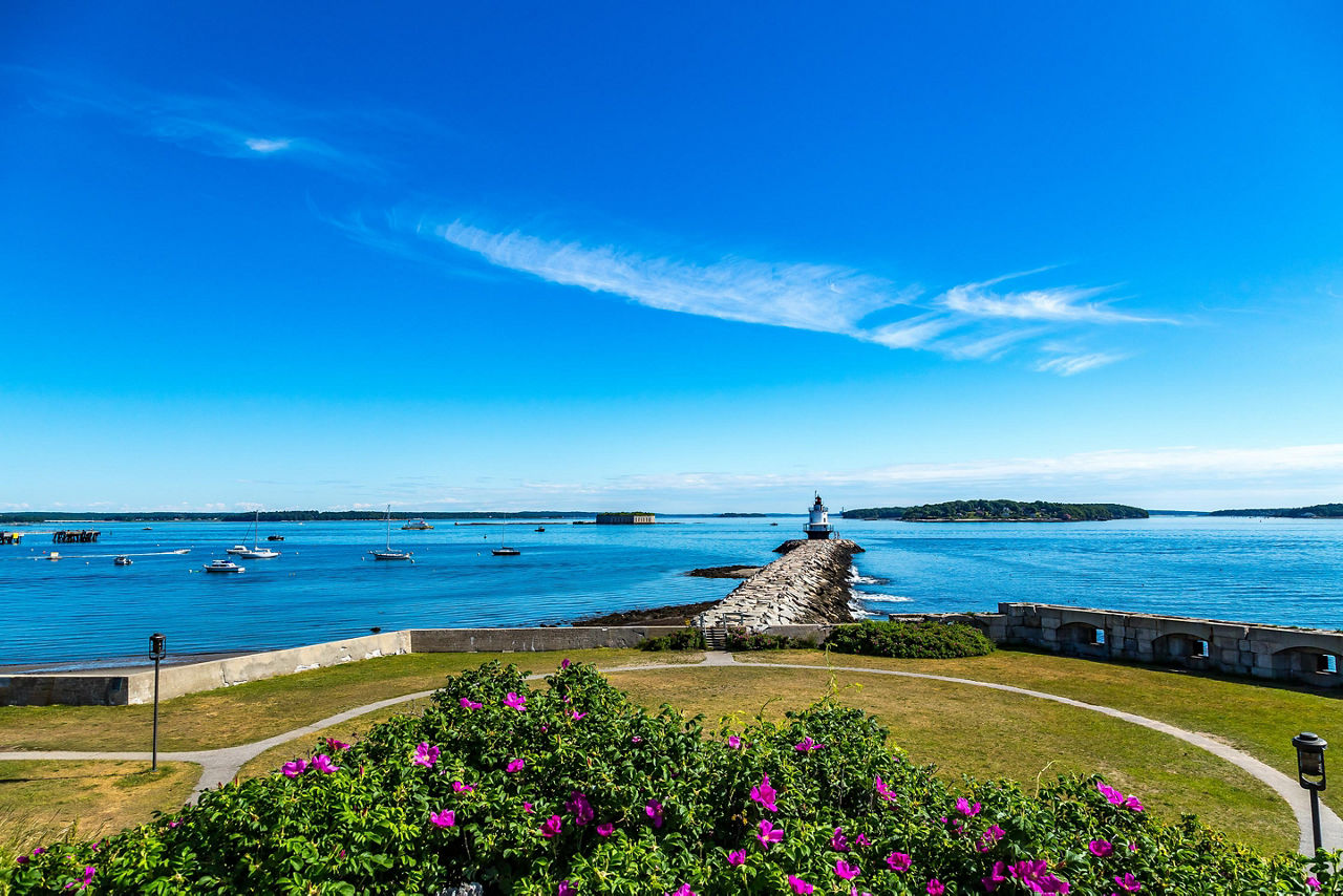 Panoramic view of the Portland, Maine coast and the Spring Point Ledge lighthouse