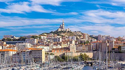 The Notre Dame de la Garde basilica towering over the city of Marseille, France