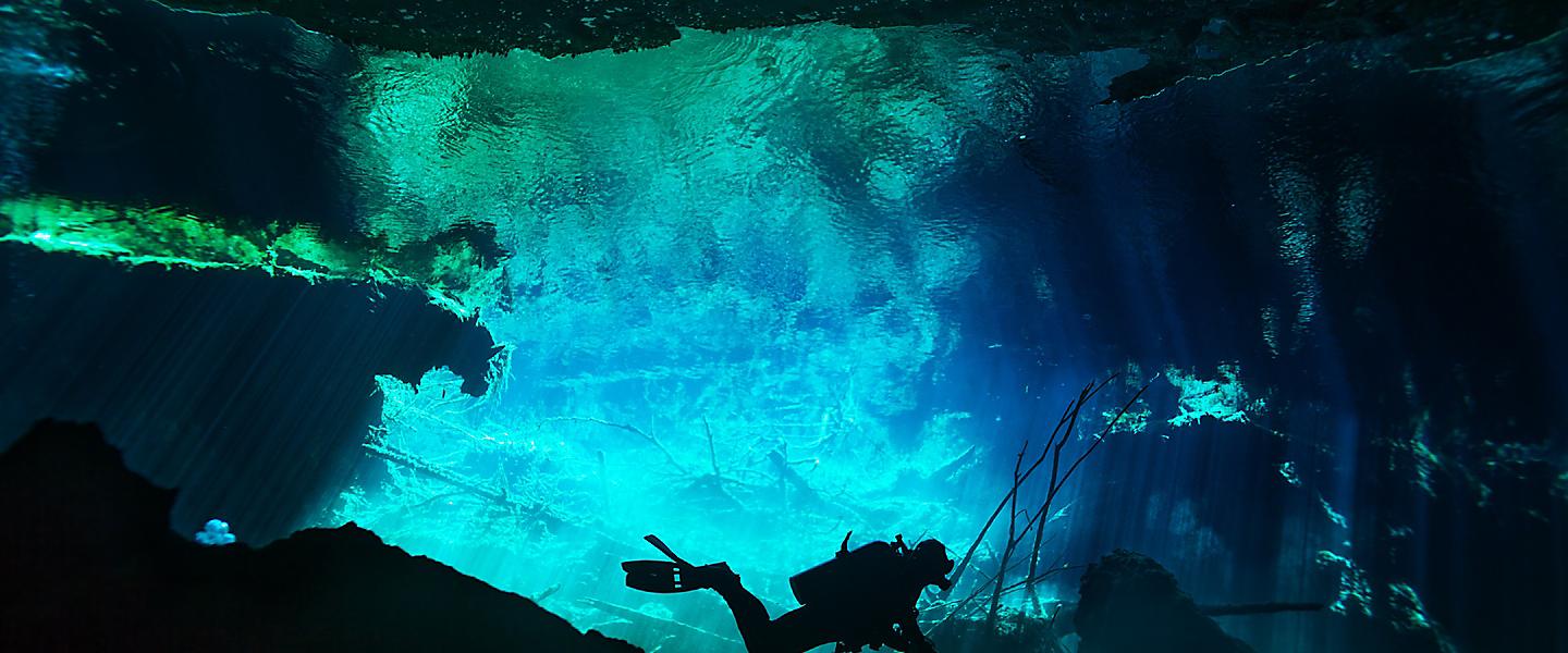 Cenote Azul Scuba Diver, Costa Maya, Mexico 