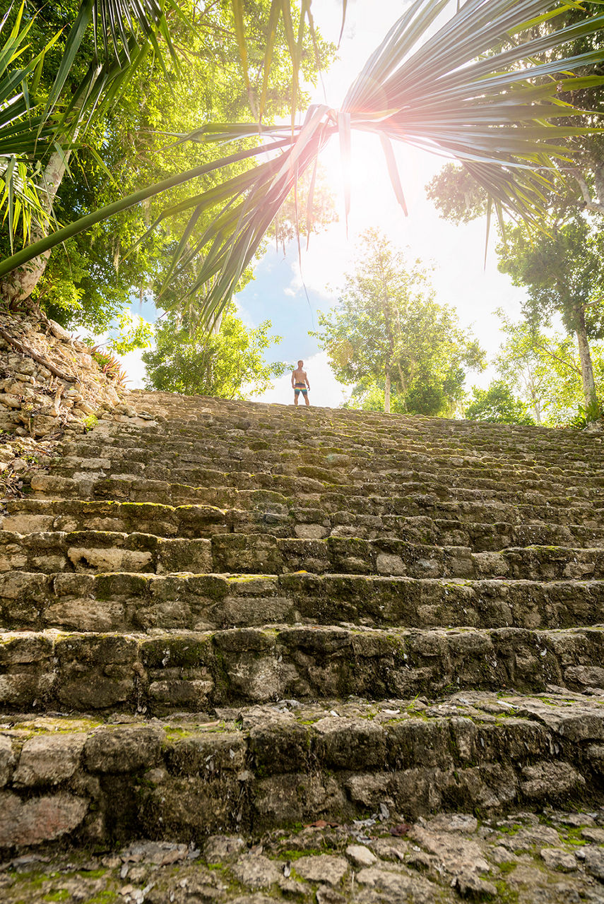 Man atop the steps of Chacchoben Mayan Ruins in Costa Maya, Mexico