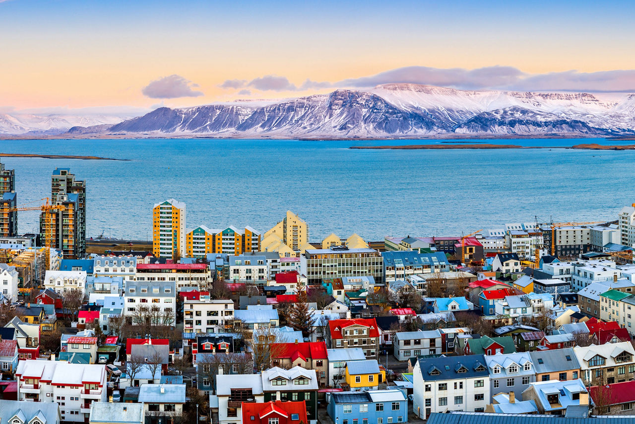 Aerial view of Reykjavik, Iceland with mountains in the background