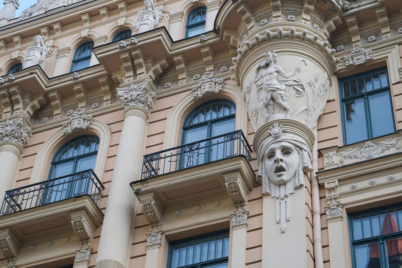 The side of a building that displays art nouveau architecture in Riga, Latvia