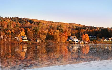 A fall landscape with waterfront homes and trees in Saint John, New Brunswick