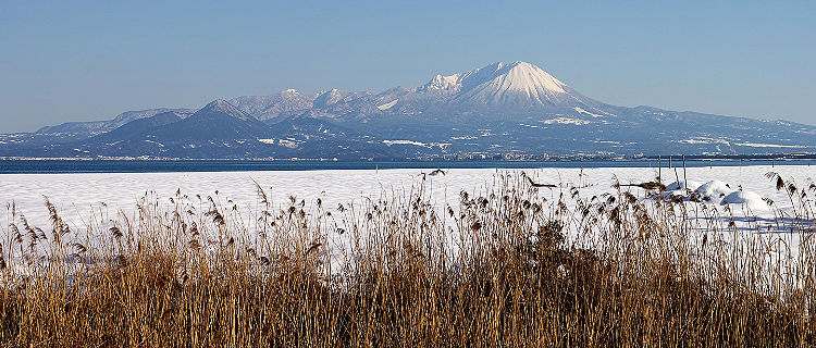 View of Mount Daisen from a snowfield in Sakaiminato, Japan