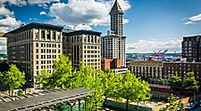 View of buildings near Pioneer Square in Seattle, Washington