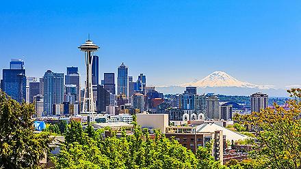 Seattle downton skyline with Space Needle and Mount Rainer in Seattle, Washington