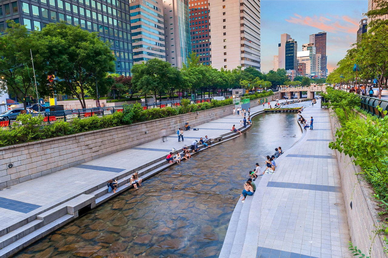 View of the city from the Cheonggyecheon stream in Seoul, South Korea