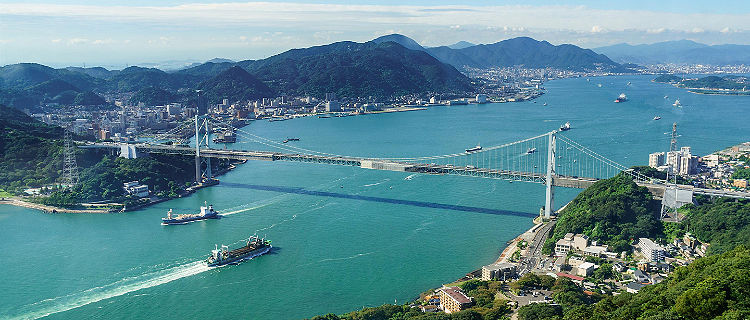 Aerial view of Shimonoseki, Japan and the Kanmon bridge
