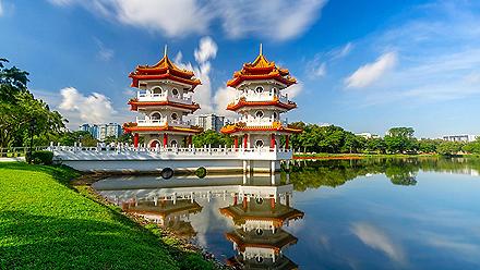 Beautiful day at Chinese Garden Twin Pagoda in Singapore