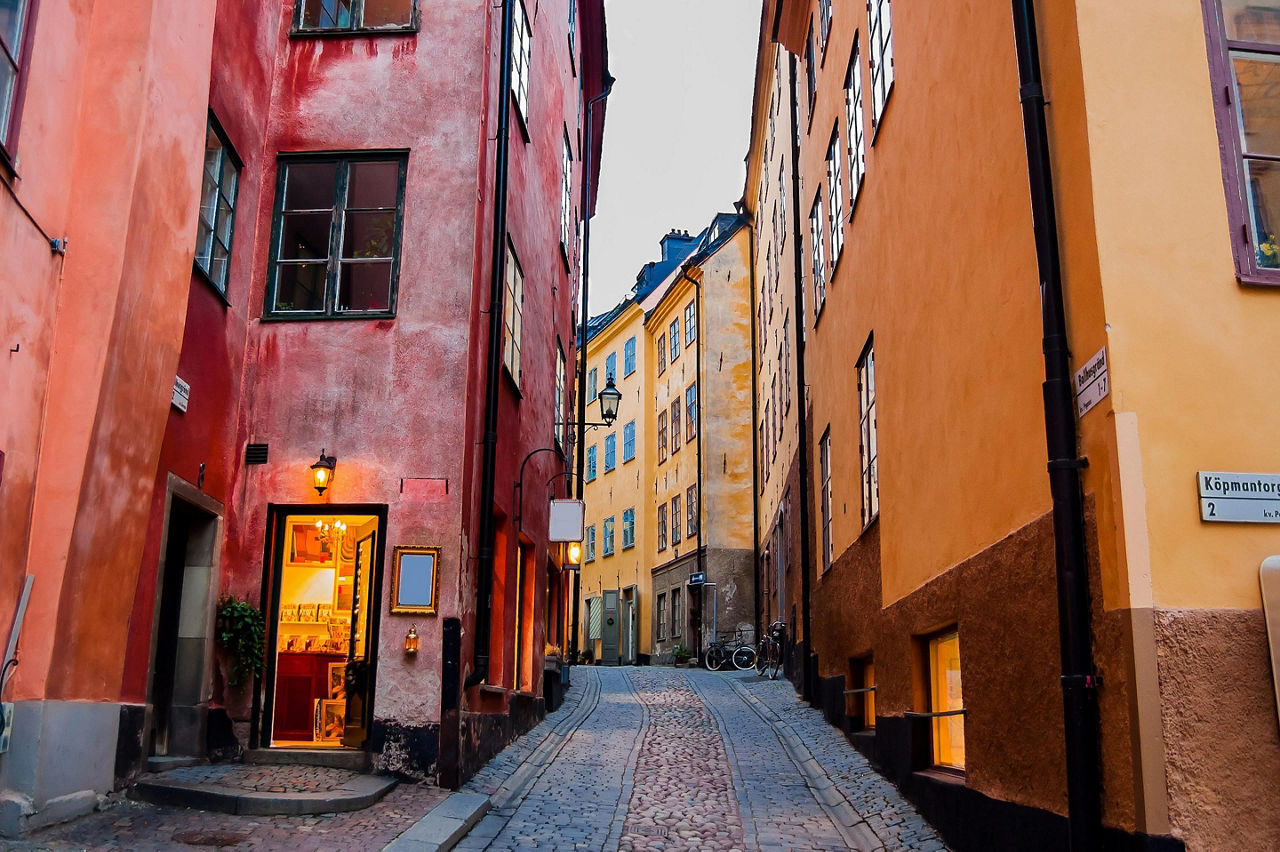 A narrow cobblestone street in Stockholm, Sweden